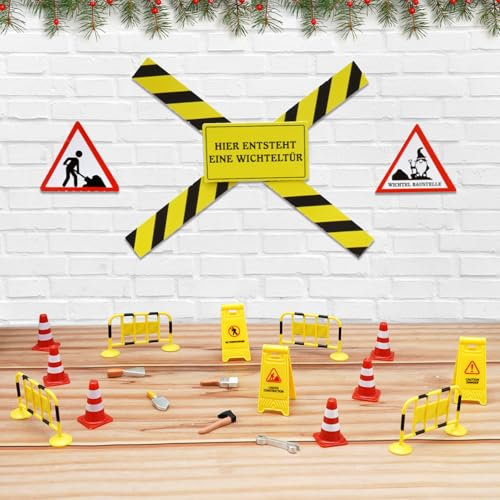YYSWSAKY 19PC Wichtel Baustellenschilder, Wichtel Baustelle Set, Mini Wichtel Straßensperren, Wichtelbaustelle Weihnachten Elfentür, DIY Geschenk für Kinder