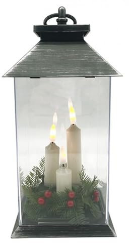 Battery Operated Warm White LED Three Candle Flickering Antique Red Lantern with Timer