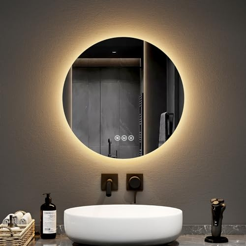 EMKE Badspiegel mit Beleuchtung rund 50cm, Antibeschlag | Badezimmerspiegel mit 3 Lichtfarbe dimmbar, Touchschalter, Speicherfunktion, IP44 Schutz, hinterleuchtet badspiegel Rund