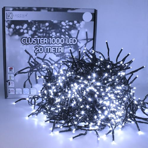 Luccika, Cluster-Lichterkette, Eisweiß, 20 Meter, 1000 LEDs, Ø 3 mm, Lichterkette für Weihnachtsbaum, 4 Lichteffekte, Fernbedienung, Timer, grünes Kabel IP44, Verwendung im Innen- und Außenbereich
