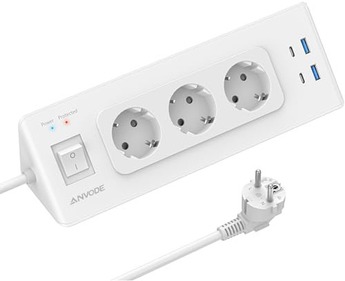 Ecksteckdose mit USB und 2 Type-C, 3 Fach Ecksteckdosenleiste mit Schalter, Steckdosenleiste Mehrfachsteckdose Überlastschutz für Küche, 2M Kabel