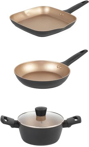 Russell Hobbs Opulence 3-Piece Pan Set – 28 cm Grill Pan, 24 cm Frying Pan & 24 cm Stockpot, Non-Stick Coating, Induction Suitable, Durable Forged Aluminium, PFOA-Free, Dishwasher Safe, Black/Gold