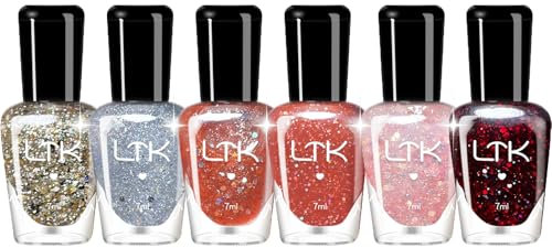 Glitter Nail Polish Sets, 6Pcs Quick Dry Nail Varnish Set, Glitter Gold Red Orange Nail Polish, Long-Lasting Sequins Pink Silver Nail Art Varnish Flash Shinny Nail Polish Gel No Need Cure Nail Paint