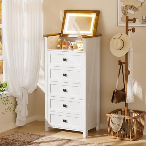 BROTTAR Tall Chest of Drawers Bedroom with Mirror and LED Lights, Dressing Table with 5 Drawers, Adjustable brightness, Dresser Drawers with Metal Handles and Runners, Large Storage, White