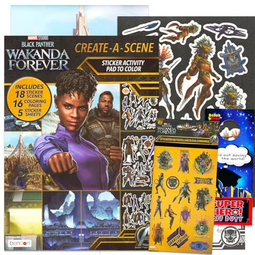Black Panther Create a Scene Sticker-Aktivitätsbuch – Bündel mit Black Panther Stickerbuch mit Malseiten, Aufkleberszenen und mehr, Black Panther Stickerbücher für Kinder