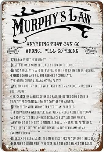 SMAZDFXX Inspirierende Retro-Poster „Murphy's Law, Vintage-Wanddekoration für Zuhause, Sprüche, Poster, Garten, Garage, Büro, Café, Bar, Kneipe, Dekoration, 20,3 x 30,5 cm