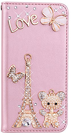 Lederhülle Tasche Etui schutzhülle für OnePlus Nord N10 5G Rose Gold Flip Case Strass Bling Bling Bear Muster Bookstyle Lederhülle Kartensteckplätzen Handytaschen für OnePlus Nord N10 5G