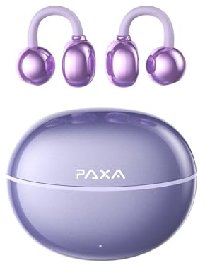 PAXA HYC08 Auriculares cómodos con clip inalámbricos Bluetooth 5.4 IP45 para orejas pequeñas, con gafas, entrenamiento, ENC Clear Call, morado