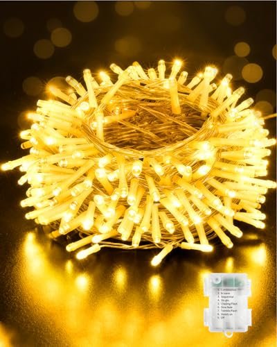 Opard Battery Fairy Lights 100 LEDs 10m, Christmas Lights, 8 Lighting Modes, Timer Function IP65 Waterproof, Warm White String Lights for Christmas, Outdoor, Indoor
