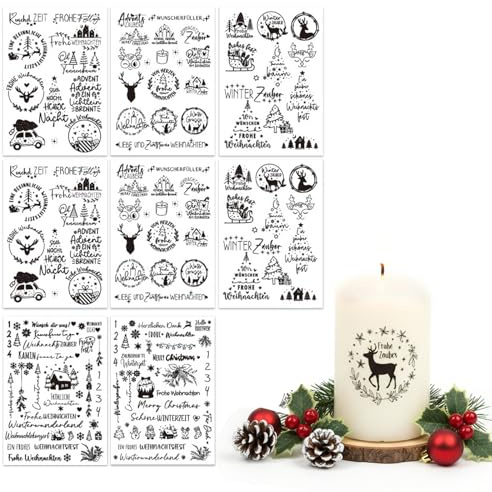 8 Stück Rub On Sticker, 21 ×14,8cm Wasserdicht Kerzentattoos, Rub On Weihnachtsgrüße, Folie Transferaufkleber für Hochzeit, Zuhause, Glas, Fotoalbum, DIY Deko, Party Deko (Weihnachten)