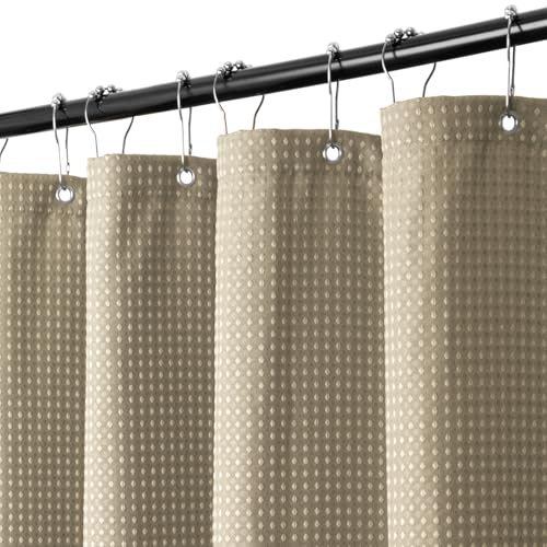 WELTRXE Rideau de douche gaufré 180 x 200 cm - Anti-moisissure - En tissu imperméable avec 12 crochets en acier inoxydable - Pour douche et baignoire - Kaki