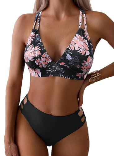 Yutdeng Maillot de Bain Femme 2 Pièces Col en V Push Up Rembourré Hauts de Bikini Bas Taille Moyenne Maillots Deux Pièces Découpe Ensemble Bikini Dos Nu Croisé Swimwear Été Beachwear,Rose,M