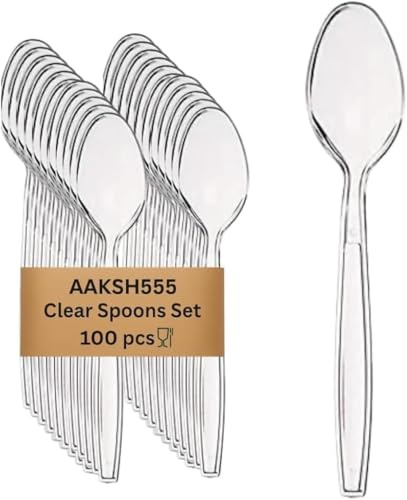Aaksh 555 | 100 Pcs | Re-usable Clear Spoons | Washable Heavy Duty for Soup and Dessert | Picnics, BBQ's, Camping, Everyday Use Birthday and Party Cutlery.