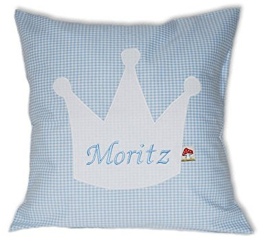 Glückspilz Namenskissen Babykissen I Krone I Hellblau I 35 x 35 cm