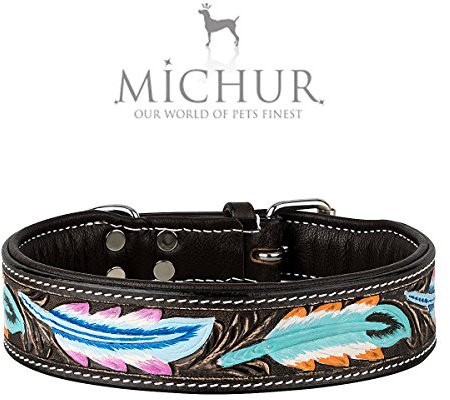 MICHUR Pietro Braun Schwarz mit Feder Muster, Hundehalsband Leder, Lederhalsband Hund, Halsband, Leder, in verschiedenen Größen erhältlich
