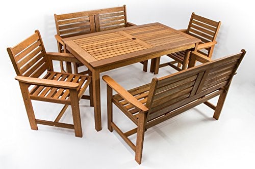 Avanti Trendstore - Furni - Gartenset 5-teilig aus Hartholz Teak, 1 Tisch (Maße: BHT 135x73,5x75 cm), 2 Stühle (Maße: BHT 61x88x62 cm), 2 Bänke (Maße: BHT 120x88x62 cm)