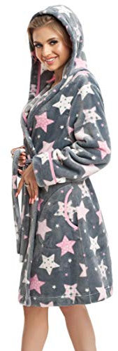 LEVERIE Vestaglia invernale donna con Cappuccio, Tasche e Cinturino, grigio stelle, M