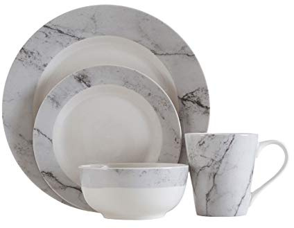 Premier Housewares 0723033 16-Piece Porcelain Marbled Effect Dinner Set - White/Grey