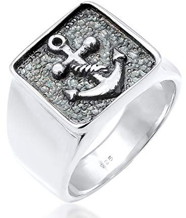 Kuzzoi Siegelring Herrenring, massiv 14 mm breit in 925 Sterling Silber, schwarz oxidiert mit Ankersymbol, Ring für Männer in der Ringgröße 60, 0607970419