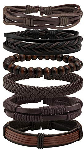 MILAKOO 6 Pcs Brown Braided Leather Bracelets for Men Women Cuff Wrap Wristbands