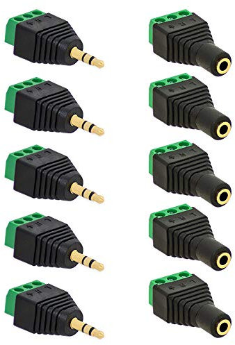 E.T 5X Klinken Stecker + 5X Buchsen 3,5mm Adapter > Terminalblock 3 Pin Schraub Klemme Set