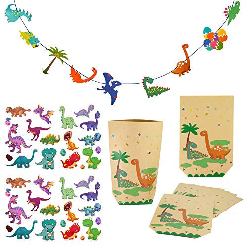 Oblique Unique® Dino Party Kinder Geburtstag Deko Set - Dino Girlande + Temporäre Dino Tattoos + Dino Geschenktüten - Dinosaurier Deko für Jungs