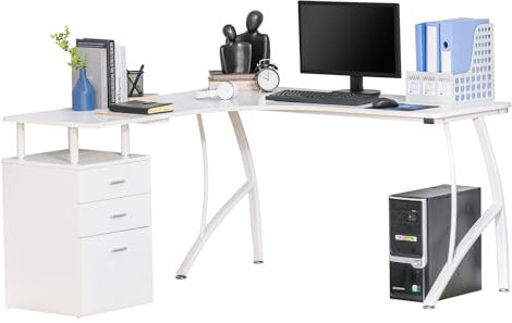 HOMCOM L-Shaped Computer Desk Table with Storage Drawer Home Office Corner Industrial Style Workstation for A4 Files 143.5 x 143.5 x 76cm, White