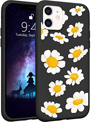 LuGeKe Cute Daisy Case for iPhone 11 Pro, Black Soft Slim Floral Flowers Pattern Design Liquid Silicone Phone Case, Mikrofiber Lining Case Gel Rubber Smooth Daisies Full Protective Cover