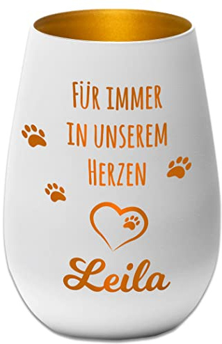 Trauerlicht Windlicht Haustier Hund Katze - Für Immer in unserem Herzen - weiß/Gold - Personalisierbar mit Gravur und Namen - Gedenklicht Erinnerungslicht Grablicht Trauergeschenk