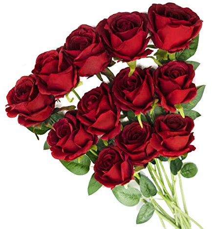 Voumanillor 12 Stück rote Rosen, künstliche Blumen für Valentinstagsgeschenke, künstliche Blumen, Seidenrosen mit langem Stiel, Bulk für Dekoration, Hochzeit, Party (weinrot)