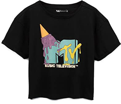 MTV Camiseta Recortada para Mujer Damas Música Ice Cream Logo Top Negro