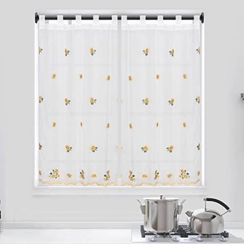 Dalina Textil - Cortina de Cocina Translúcido con Bordado, Cortina Media Altura para Cocina, Comedor, Marco de Puerta Tejido Gasa Fina(2 Piezas 100 x 140 cm, Girasol)