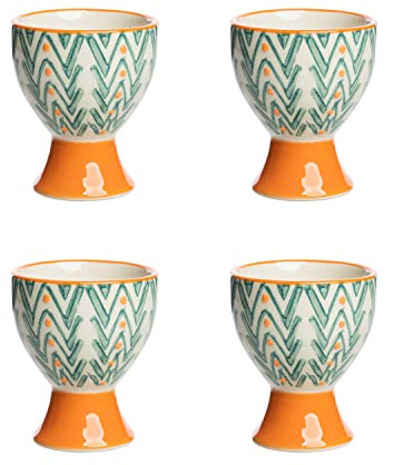 Tranquillo 4 er Set Eierbecher MIX'N'MATCH, Keramik handgestempelt, spülmaschinengeeignet, orange/grün, 6,5 x 5 cm