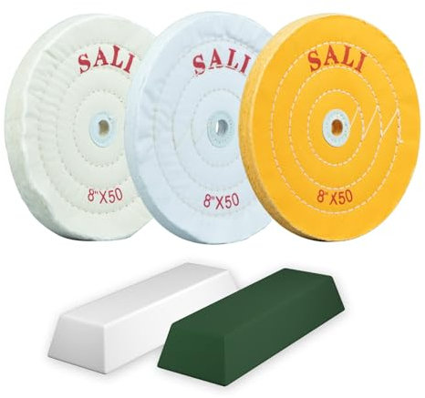 SALI 3er Pack Polierscheiben Set für Bohrmaschine & Polierbock 200mm Schwabbelscheiben mit Polierpaste Kit Für Metalle & Holz Gelbe, Weiße Baumwolle & 50-lagige Baumwolle Polierscheibe