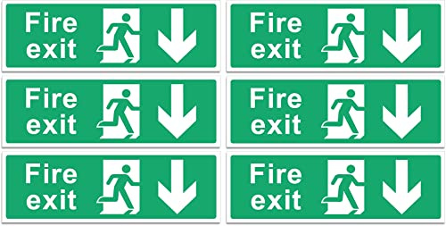 Rubigo – 1/2/4/6 Pack Fire Exit Signs - Down Arrow – Safety Signs - 30x10cm Self Adhesive Vinyl Sticker, Easy Application Fire Door Emergency Exit Signage (6)