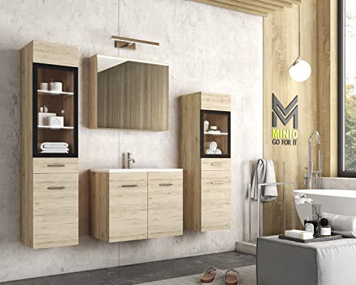 MINIO go for it - Ensemble de Meubles de Salle De Bain 4 Pièces Marit 2 I Élément Mural Moyen Et Grand avec Éclairage LED I Meuble Miroir Mural I Meuble avec Lavabo I Chêne San Remo