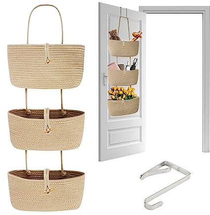 Aqash Over Door Storage Hanging Shelves, Rope Fabric Wall Hanging Organiser Detachable 3-Tier for Bedroom Bathroom Nursery Home Decoration(Grass yellow)