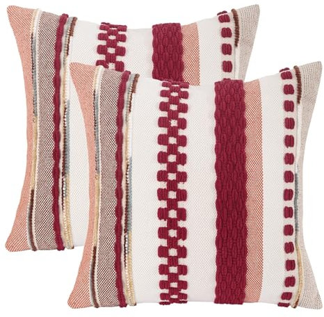 Tosleo 2er Set Kissenbezug Chenille 45x45cm Baumwollmischung Kissenhülle Sofakissen Streifen Dekokissen Boho Deko Kissenbezüge für Sofa Wohnzimmer Schlafzimmer Outdoor Kissen (Rot, 45 x 45 cm)