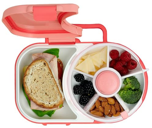 GoBe Lonchera para niños, contenedor reutilizable con dispensador de 5 compartimentos y tapa, sin BPA ni PVC, apto para lavavajillas, sin derrames, a prueba de fugas… (Coral Pink)