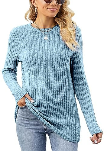 Famulily Ladies Casual Jumpers Long Sleeves, Oversized Crew Neck Sweatshirt Lightweight Knit Pullover Tops (L, Pale Blue)