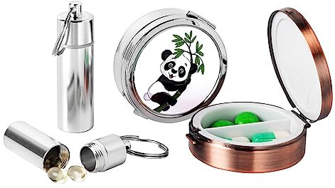 Cartoon Panda Bild Kreisförmige Zwei Gitter Metall Medizin Box (2pcs) mit wasserdichtem Schlüsselbund Portable Medizin Case (2pcs)-Kleine Reise Tägliche Vitamin Tissue Box (Silber+Antikes Rot)