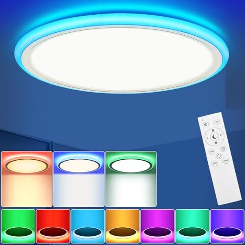LEZOE RGB LED Deckenleuchte Dimmbar mit Fernbedienung, 24W 2400LM LED Deckenlampe dimmbar Farbwechsel, 3000K-6500K flach Wohnzimmerlampe Schlafzimmerlampe Kinderzimmer Küche 33x2.5cm