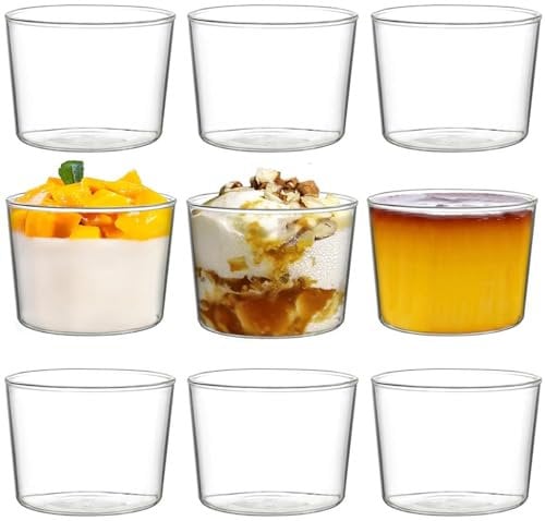 yarlung Paquete de 9 cuencos pequeños de vidrio para postre, taza de natillas de 8 onzas, taza de pudín transparente, vasos de degustación, cuencos de preparación para parfait, helado, fiesta de