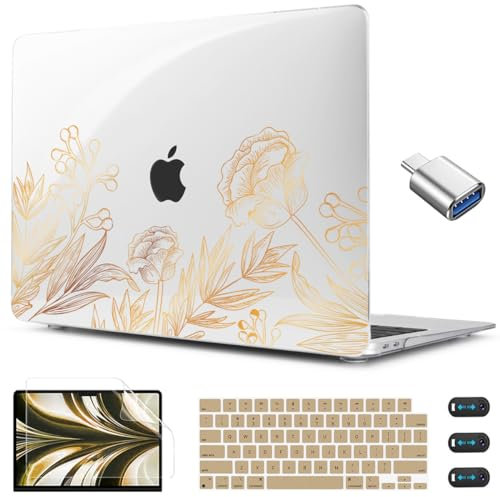 CISSOOK Schutzhülle für MacBook Air 13,6 Zoll A3240 A2681 A3113 Release 2022 2023 2024 2025, Kunststoff-Hartschalenhülle für MacBook Air 13 Zoll M2 M3 M4, Gold Floral Blossom