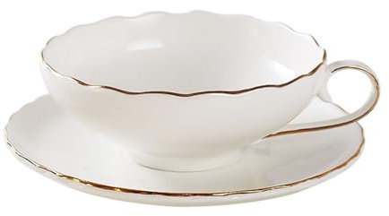 MoRfiL Stile Inglese Tazza Da Tè E Piattino Con Orlo D'oro E Modello Di Fiore, 184Ml, Set Di Fiori in Ceramica Tazza Di Acqua Tazza, Tè Pomeridiano,Bianca