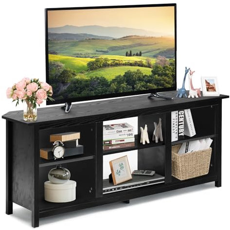 CASART TV Stand Cabinet for 65 Inch TVs, Wooden Media Stand with 6 Storage Shelves, Modern TV Console Table Fireplace TV Stand for Living Room, Entertainment Room and Bedroom (Black)