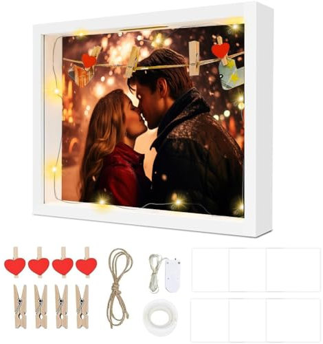 3D Bilderrahmen zum Befüllen - 27 x 22 x 5cm Bilderrahmen Tief mit Licht, Objektrahmen Hölzern, für Hochzeit Taufen Reisen Geburtstag Hochzeitsgeschenk, Weiß