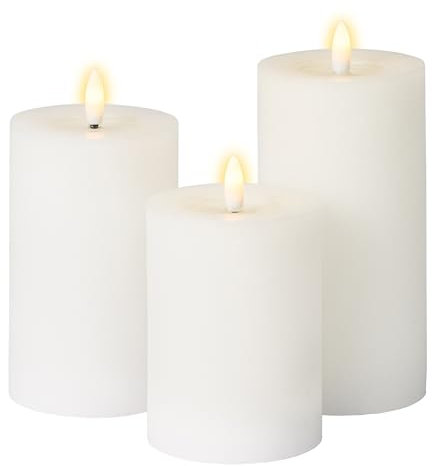 Meisterhome® 3er-Set Flammenlose LED Kerzen - Weiß - Rustik Design Stumpenkerze - mit Fernbedienung – mit Timer - Batteriebetrieben – Warmweiß - 10/12,5/15 cm hoch - mit flackernder Flamme