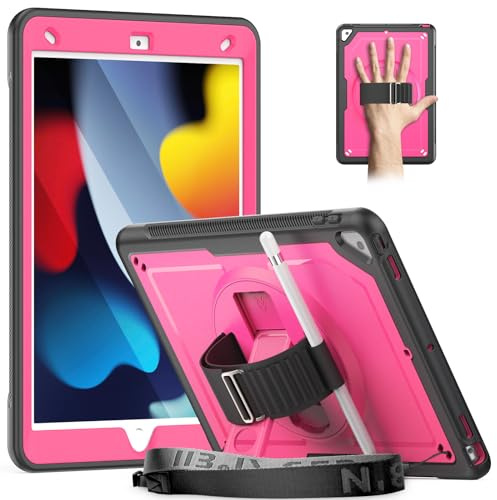 Timecity for iPad 9th 8th 7th Generation 10.2 inch Case 2021/2020/ 2019 | Shockproof Case with Screen Protector, Stand/360 Rotating Hand Strap,Pencil Holder,Heavy Duty Cover for iPad 10.2 inch, Rose