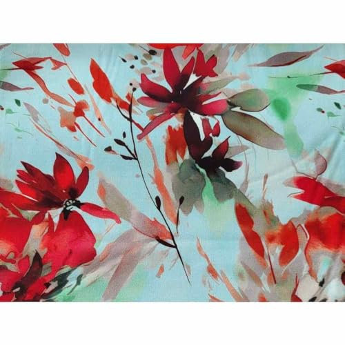 Leichter Viskose Stretch, Blumenmusterung Rot/Hellblau Meterware, 50 cm